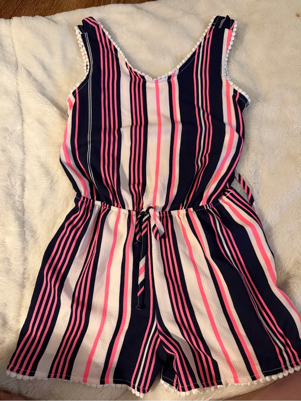 2-Hip Girls Size 8 Striped Romper Pink Navy Pom Pom Trim